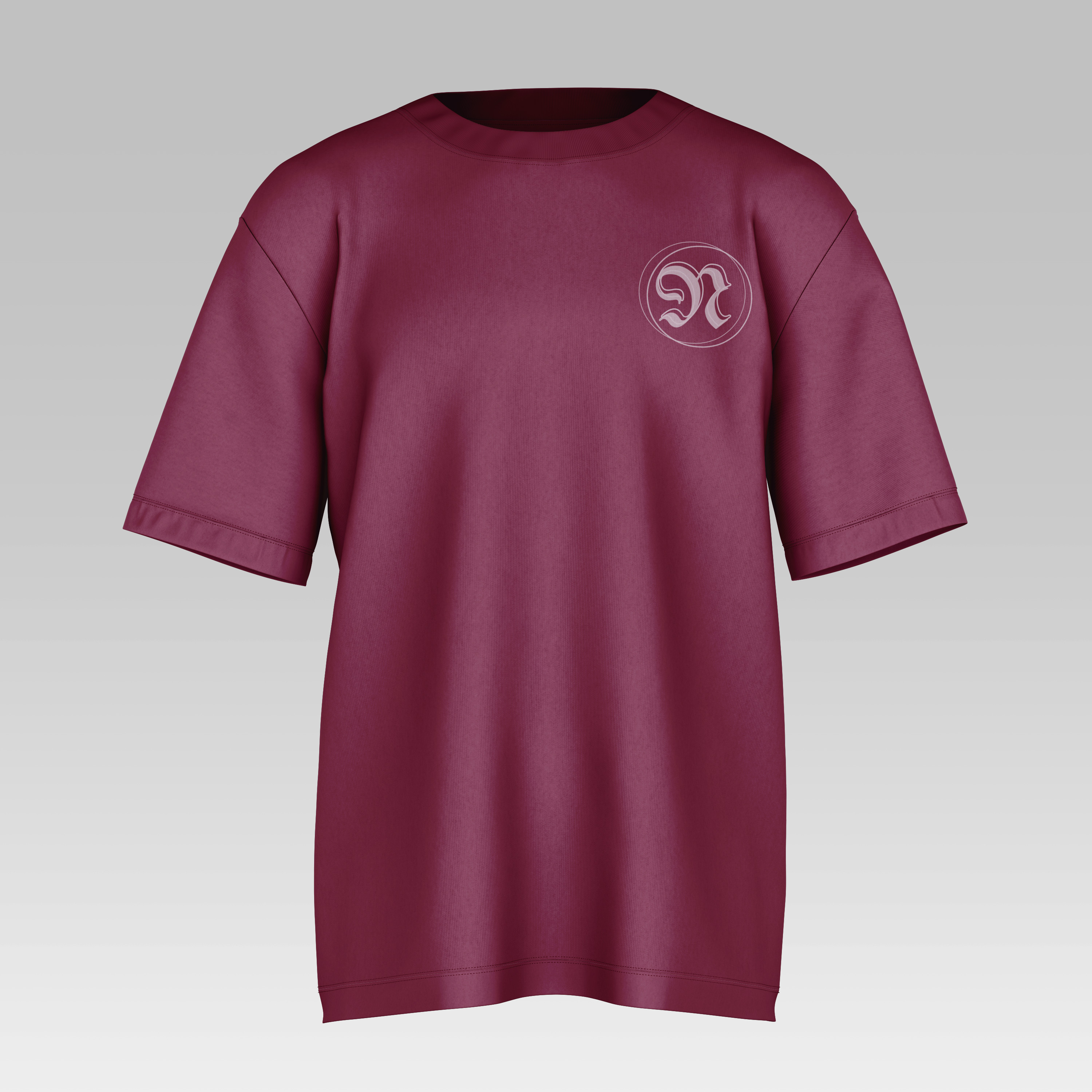 maroon t-shirt with white Nevermore logo