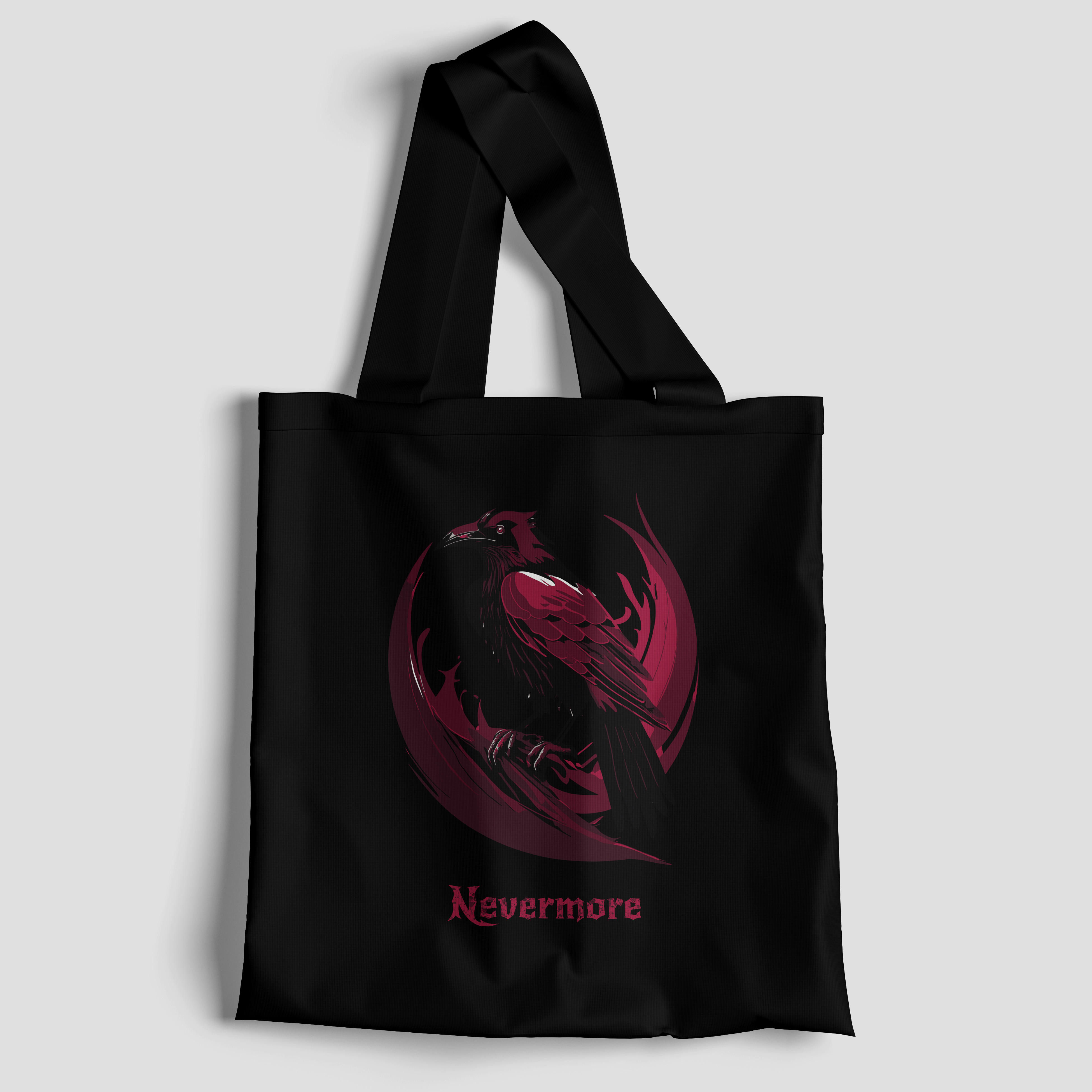 red raven design on black tote