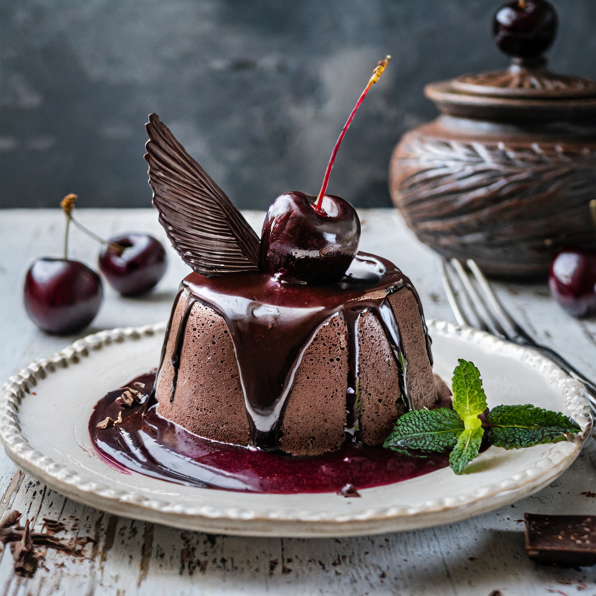 chocolate soufflé with a cherry and raven decoration