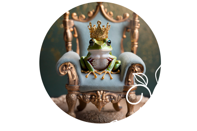 A frog in a crown sitting on a throne