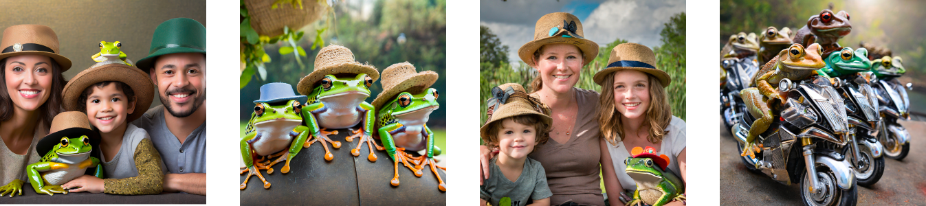 Various photos of families and frogs posing in hats