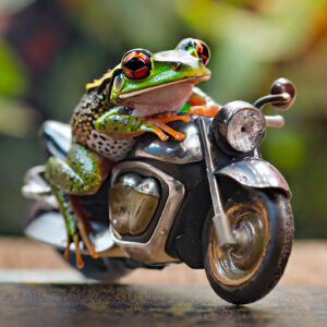 Frog driving a tiny motorcycle