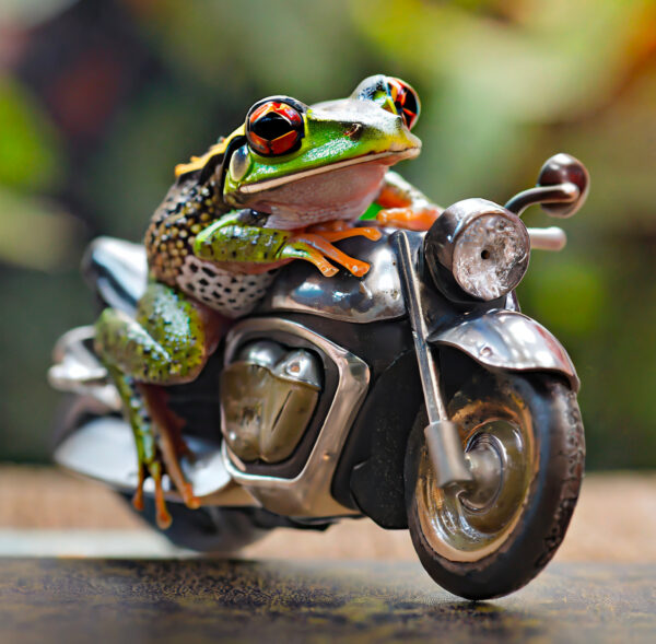 Frog driving a tiny motorcycle