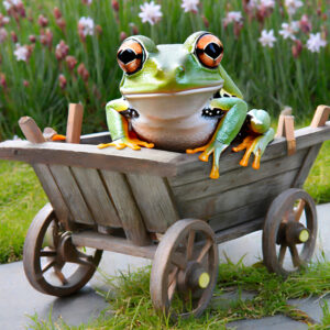 frog sitting in a small wooden wagon