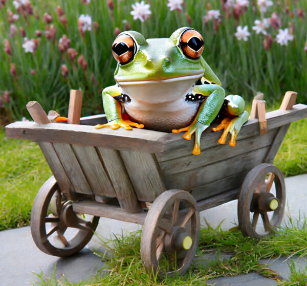 frog sitting in a small wooden wagon