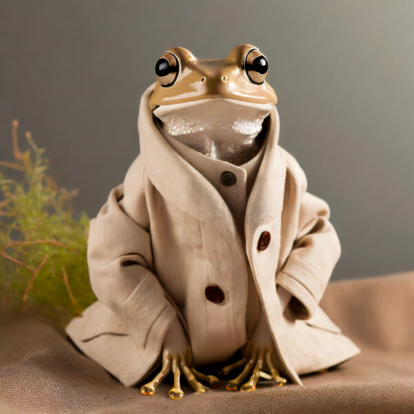 A frog standing wearing a trenchcoat