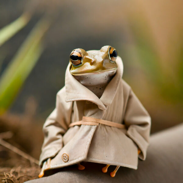 A frog sitting wearing a beige trenchcoat