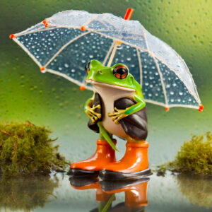 frog holding a small umbrella in tiny rainboots