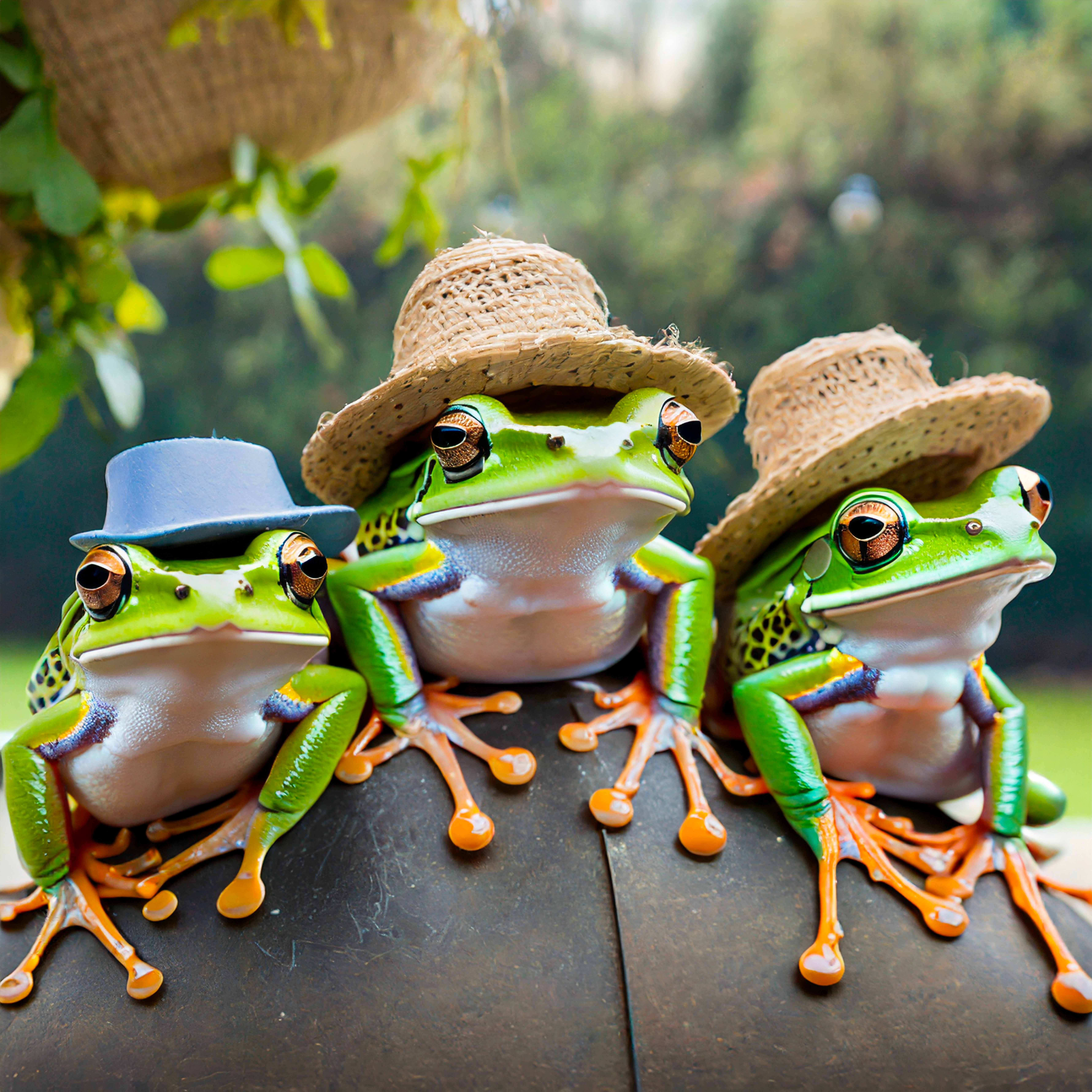 Three frogs in straw hats