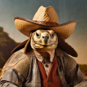 A tortoise wearing a sheriff hat in an outfit