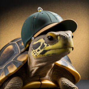 Headshot of tortoise wearing a blue and brown baseball cap