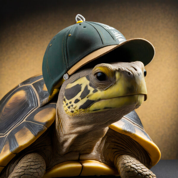 Headshot of tortoise wearing a blue and brown baseball cap