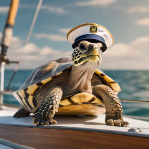 A tortoise wearing a sailor hat on a sail boat