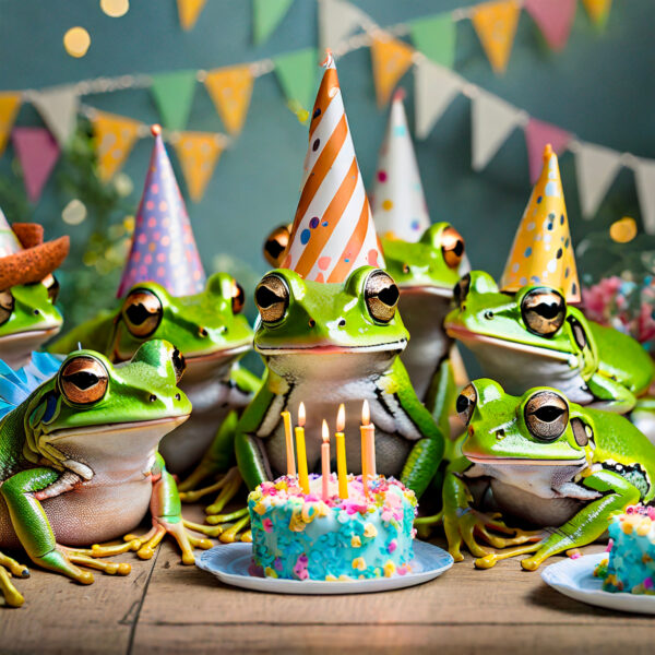 Frogs at a birthday party surrounding a cake