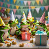 Frogs at a party wearing colorful birthday hats and opening presents