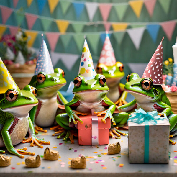 Frogs at a party wearing colorful birthday hats and opening presents