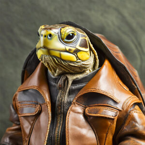 Tortoise in a brown leather jacket