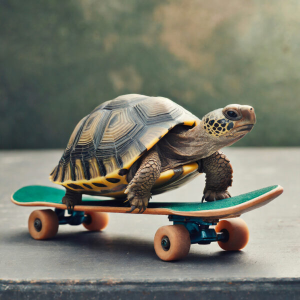 A tortoise on a green skateboard