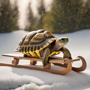 Tortoise on a sled in the snow