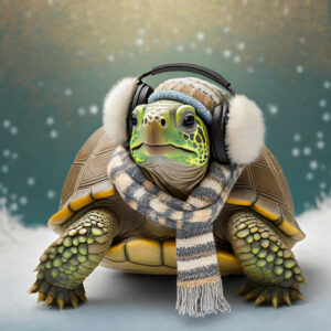 Tortoise wearing earmuffs and a scarf in the snow.