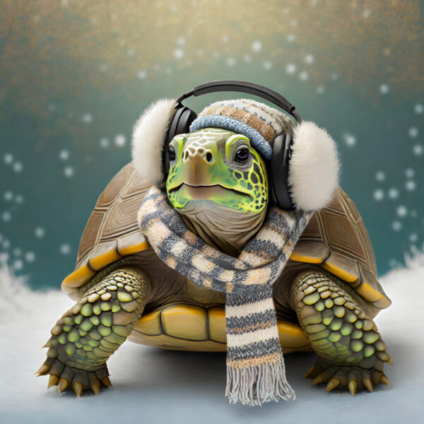 Tortoise wearing earmuffs and a scarf in the snow.