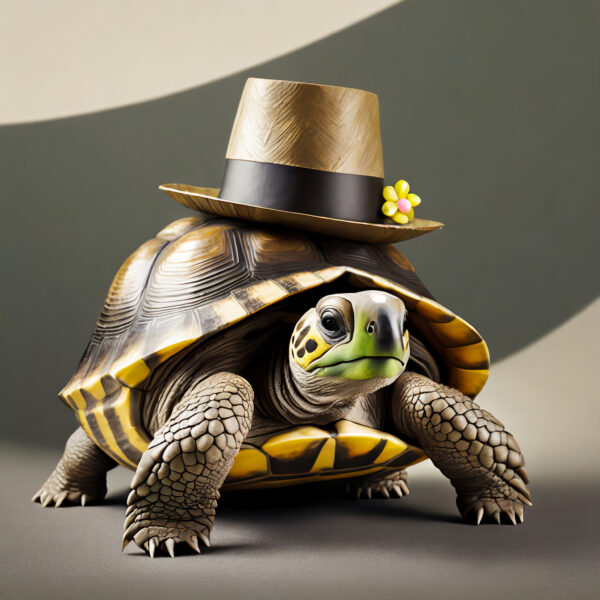 Tortoise wearing a top hat that has a flower on it on its back